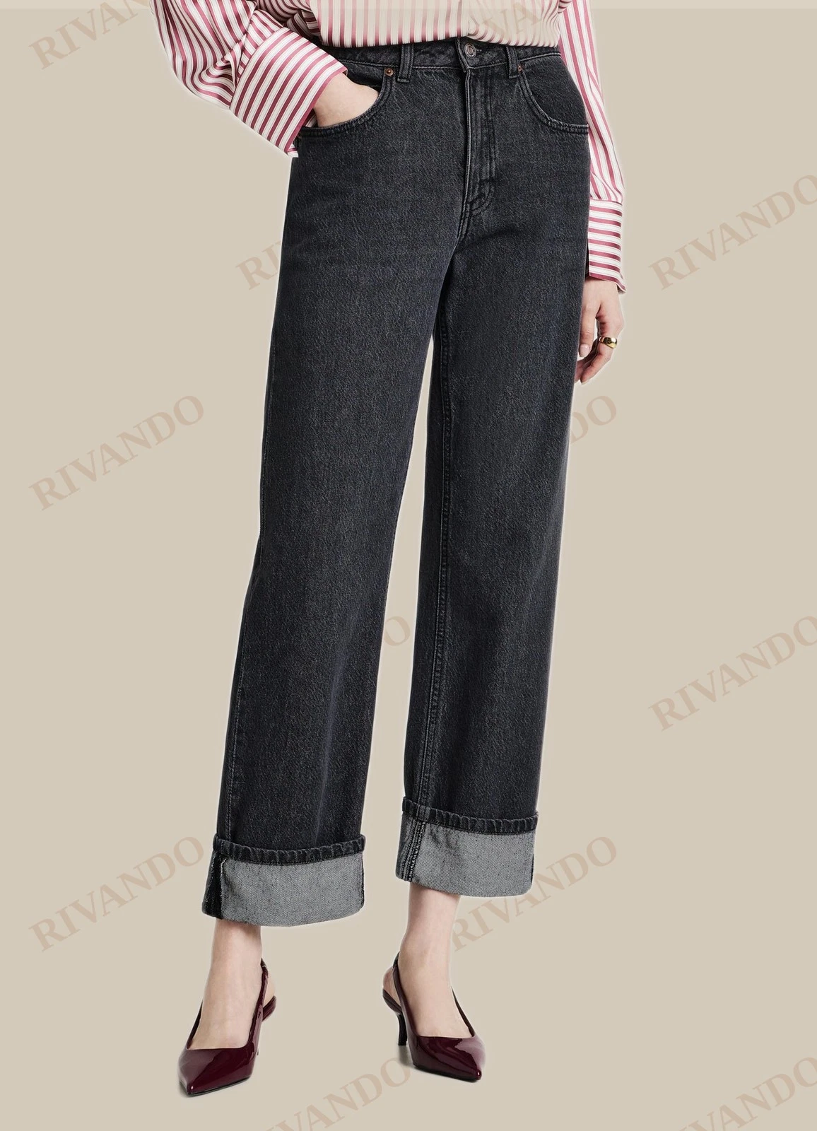 Jeans nero straight con risvolto
