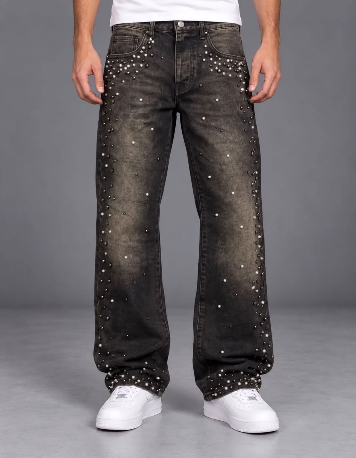 Jeans nero uomo decorato con perle